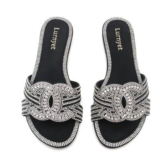 Lurnyet Women's Comfort Cushion Crystal Rhinestone Slide Flat Slip-On Sandals - Picture 5 of 6